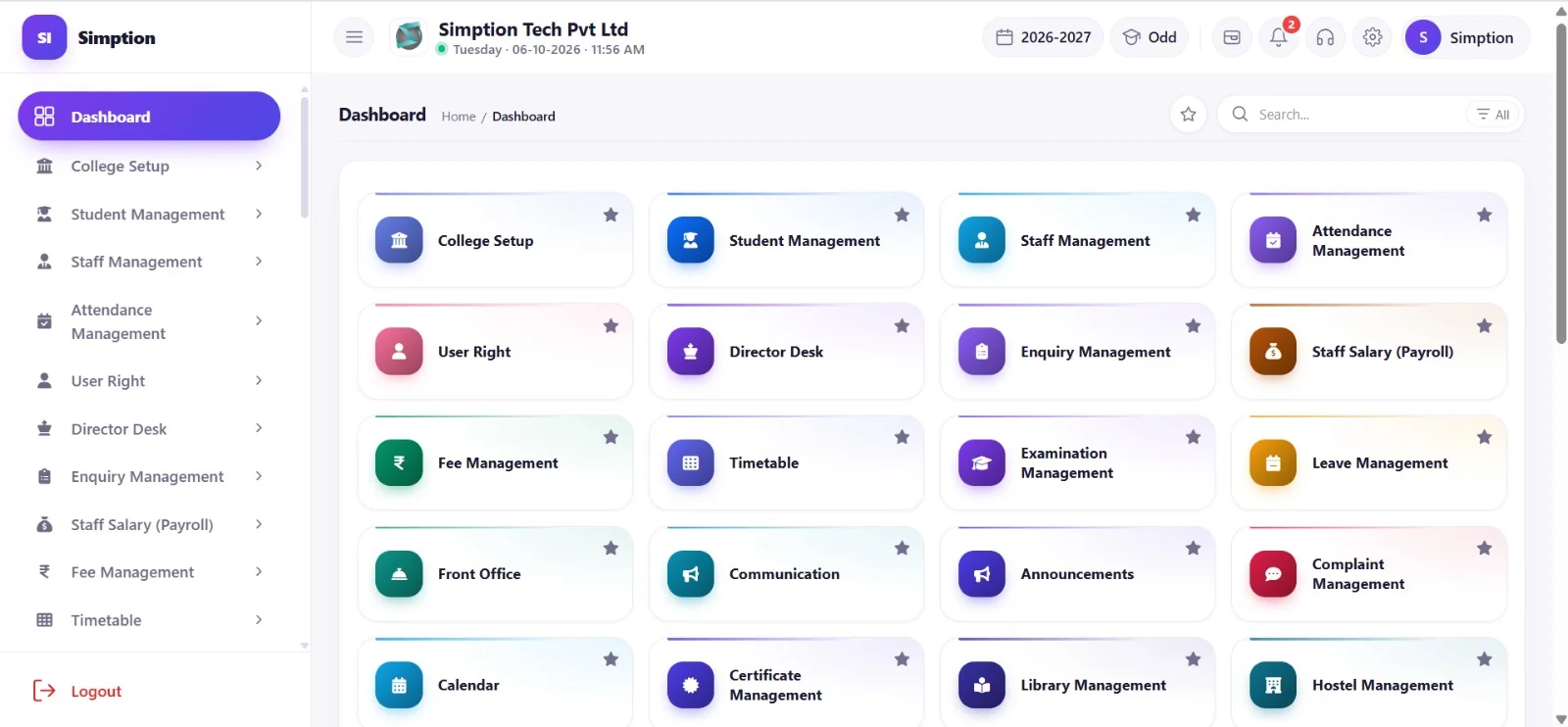 Simption College Management Software admin dashboard