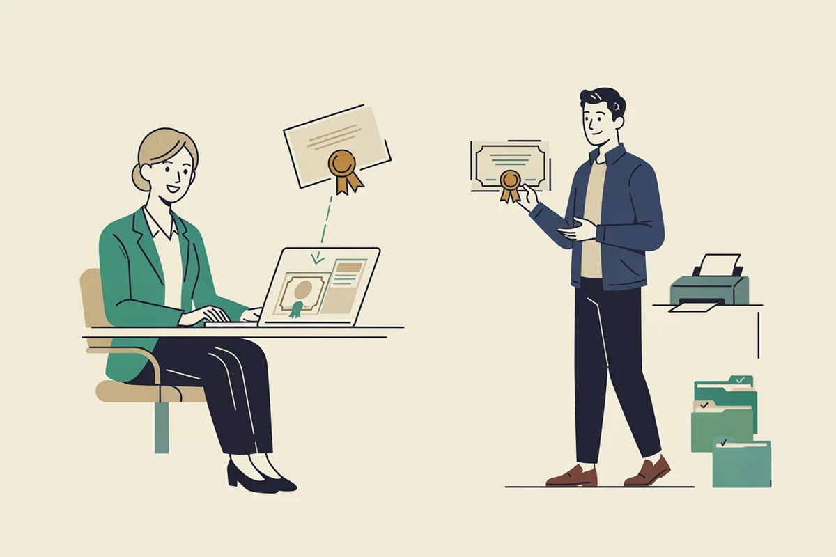 Certificate & Document Management — Certificates made and printed from the office